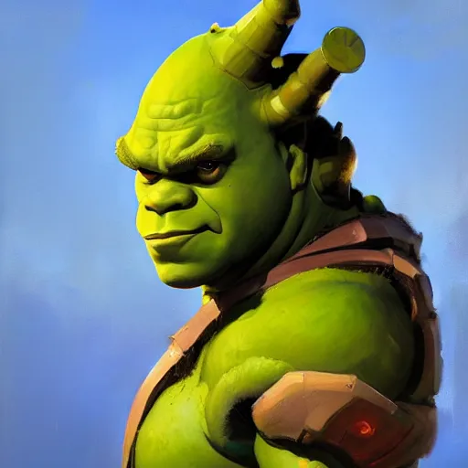 Image similar to greg manchess portrait painting of shrek in a futuristic armor, medium shot, asymmetrical, profile picture, organic painting, sunny day, matte painting, bold shapes, hard edges, street art, trending on artstation, by huang guangjian and gil elvgren and sachin teng