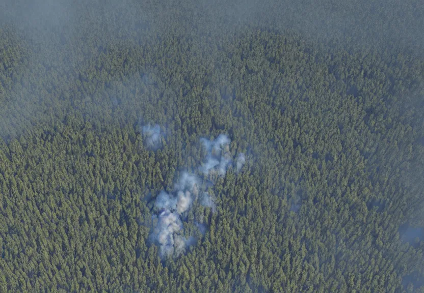 Prompt: hyper realistic overhead view of an large area with forest fires, pollution, climate change, destruction, octane render,