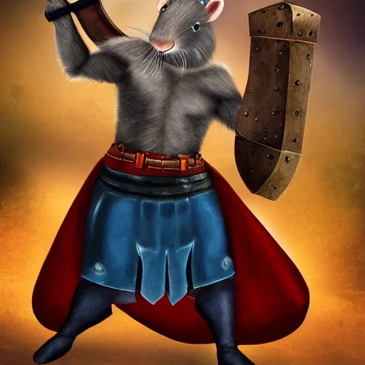 Image similar to the rat thor ~ holding his hammer ~ dramatic thunder background ~ fighting scene ~