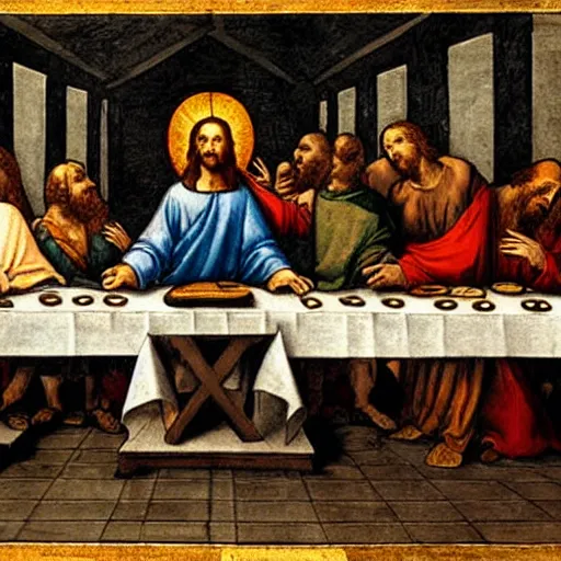 Image similar to Jesus as a comic book superhero in The Last Supper by Leonardo da Vinci