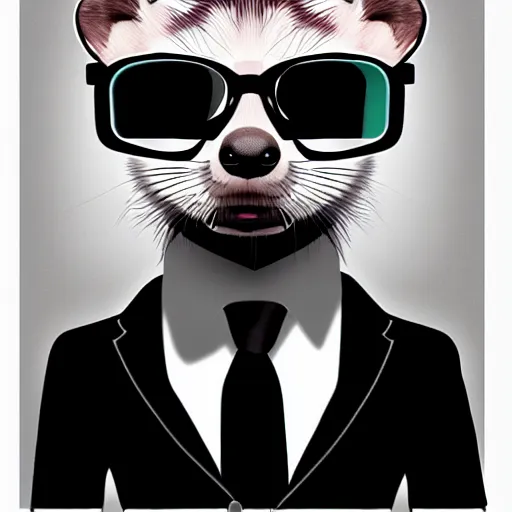 Prompt: ferret in glasses, in strict suit, avatar image, digital art, cyberpunk, minimalism