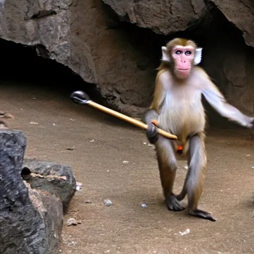 Image similar to monkey walks out of cave holding a stone club, crowds of blond female human women watch on in awe