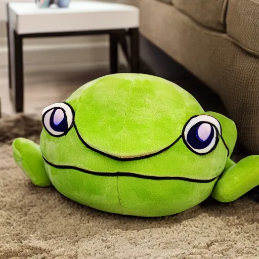 Prompt: plush frog outgrowing a room, gigantic toy frog cannot be contained, crushed, constricting, overinflated, overstuffed, massive, colossal, gigantic