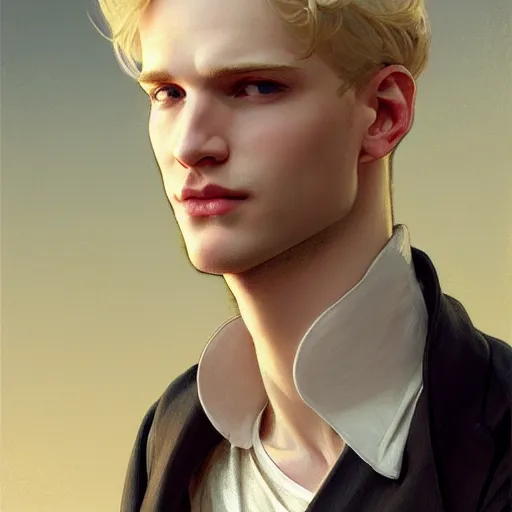 Image similar to Blond pale white Lucius with closed eyes smiling, very detailed sharp angular masculine face, hooked nose and square jaw, long fluffy curly blond hair, light blond hair, clean shaven, gorgeous, beautiful, intricate, highly detailed, digital painting, artstation, concept art, sharp focus, illustration, art by greg rutkowski and alphonse mucha