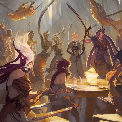 Prompt: dungeons and dragons fantasy painting, chaos and conflict, finger pointing and angry gestures, allies who long spoke in one voice now squabble over petty differences leaders in different styles of dress gesturing angrily across a council table, anime inspired by krenz cushart, evening lighting, by brian froud jessica rossier and greg rutkowski