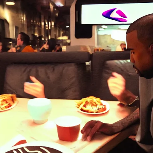 Image similar to blurry, gopro footage of kanye west eating at taco bell, cinematic, volumetric lighting, night, rain