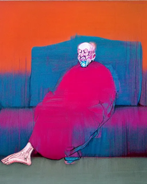 Prompt: thick expressionist acrylic painting of an old dead man sitting on a couch while his wife is crying,  pink and teal and orange and purple Beksinski painting, part by Francisco Goya and Gerhard Richter. art by James Jean, Francis Bacon masterpiece