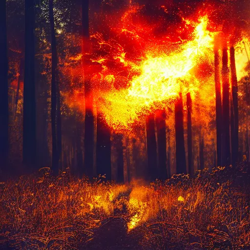 Image similar to explosion, photorealistic, 5 0 mm, bokeh, deep forest, fire