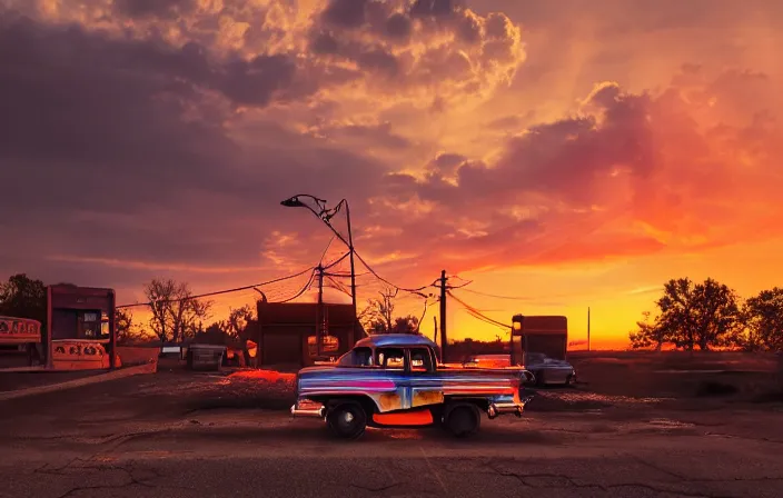 Image similar to a sunset light landscape with historical route 6 6, lots of sparkling details and sun ray ’ s, blinding backlight, smoke, volumetric lighting, colorful, octane, 3 5 mm, abandoned gas station, old rusty pickup - truck, beautiful epic colored reflections, very colorful heavenly, softlight