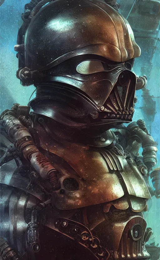 Prompt: underwater steampunk biopunk portrait of darth vader, au naturel, hyper detailed, digital art, trending in artstation, cinematic lighting, studio quality, smooth render, unreal engine 5 rendered, octane rendered, art style by klimt and nixeu and ian sprigger and wlop and krenz cushart.