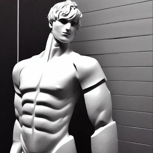 Image similar to “a realistic detailed photo of a guy who is an attractive humanoid who is half robot and half humanoid, who is a male android, Jack Laugher, shiny skin, posing like a statue, blank stare”