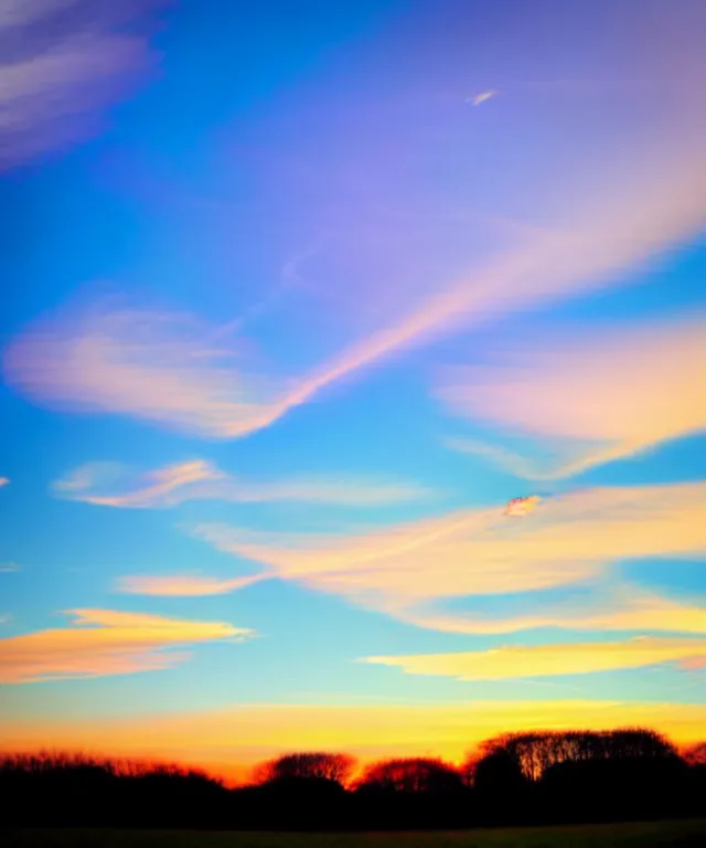 Image similar to thin cloud streaks in cursive on clear blue sky sunset