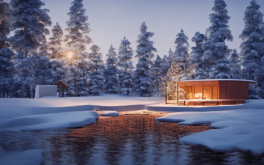 Image similar to finnish sauna architectural visualization, winter scene, cozy, corona render, rendered in vray, evening light, lakeside, dof, mountainous landscape, pine forest, evermotion, ronen bekerman, contest winner, archviz, peter guthrie, box visuals