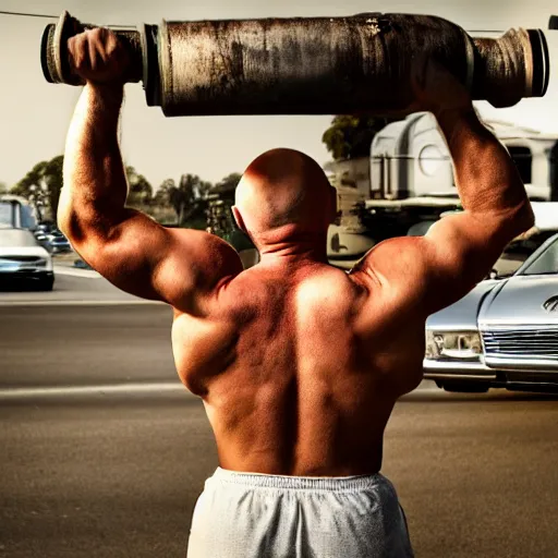 Prompt: a muscular bald man with engines on his back and drainage pipes from his arms, diesel engine, gasoline engine, combustion engine, high definition photograph