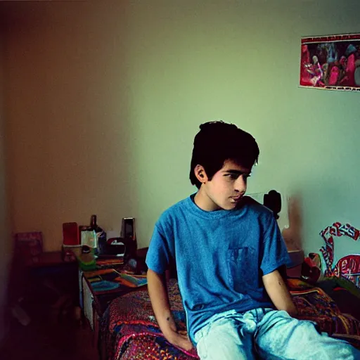 Prompt: masterpiece portrait portrait portrait portrait of a photogenic cinegenic mexican teenager facing camera, chaotic teenage bedroom, bokeh, volumetric lighting, sunny day, heat haze, perfect framing, smoke, dramatic lighting, dust particles, interior shot, f2, anamorphic lens, great photographers, best photos of all times, 2004, by Annie Leibovitz, by Steve McCurry, ranking #1
