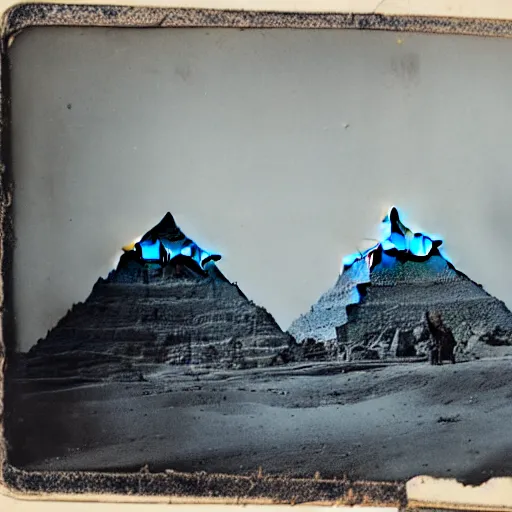 Prompt: tintype photo, underwater, Godzilla walking in front of the pyramids