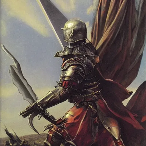 Image similar to an - armored - bearded - warrior - with - broadsword, american - flag - blowing, wayne - barlowe,