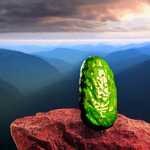 Image similar to A hyper realistic pickle standing on top of a mountain, scenic, realism, 8k,