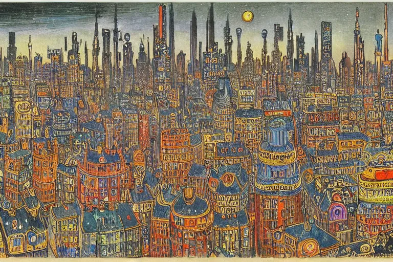 Prompt: victorian scifi cityscape by Louis Wain (1920)