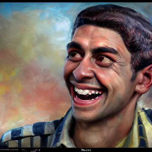 Prompt: A Hearts of Iron IV closeup portrait of a Remi Malek with bulging eyes and a huge smile, riding a tricycle. Dressed in 1980s style. Highly detailed, fine Art, high detail, great lighting, 8k resolution, masterpiece, concept art, illustration, clear eyes, painting oil on canvas, octane render, HDR, trending on artstation, 4k, 8k, HD