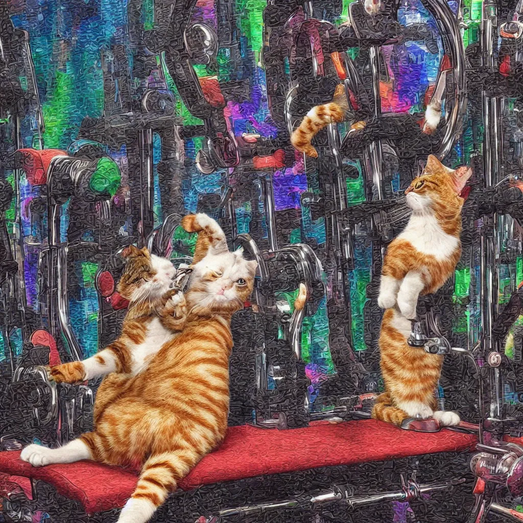 Prompt: a cat drinking a cocktail with a straw, sitting on the bench of a bodybuilding machine, 8 k, high detail, vibrant colors, digital art