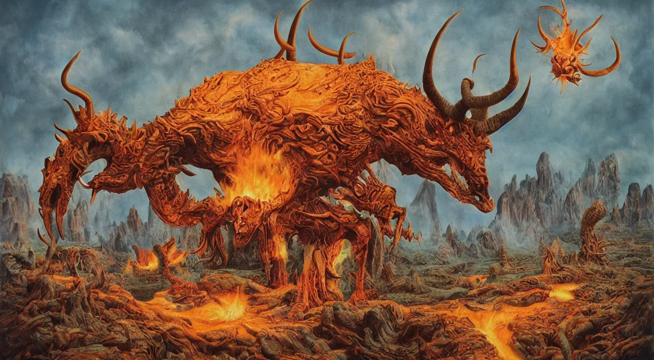 Image similar to a beautiful detailed portrait of satan with long horns and fiery vortex eyes taken on a polaroid by roger dean, by laurie lipton, detailed, realistic shadows, volumetric lighting, mythical, rendered in redshift, matte painting