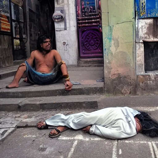 Prompt: blue bodied lord shiva lying drunk on the street