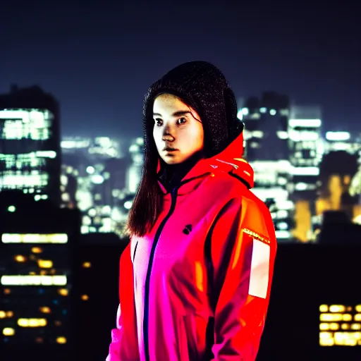 Prompt: photographic portrait of a techwear woman, closeup, on the rooftop of a futuristic city at night, sigma 85mm f/1.4, 4k, depth of field, high resolution, full color