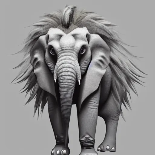 Prompt: a new creature that looks like a combination between an elephant and a lion, has a trunk and big ears yet also fur and a beautiful mane, very furry , concept art, trending on artstation 3D, black background.