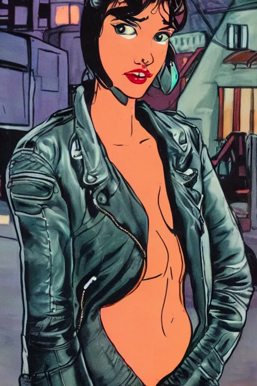 Image similar to portrait of an attractive young female protagonist, center focus, wearing leather jacket, in city street, detailed face, artwork by ralph bakshi