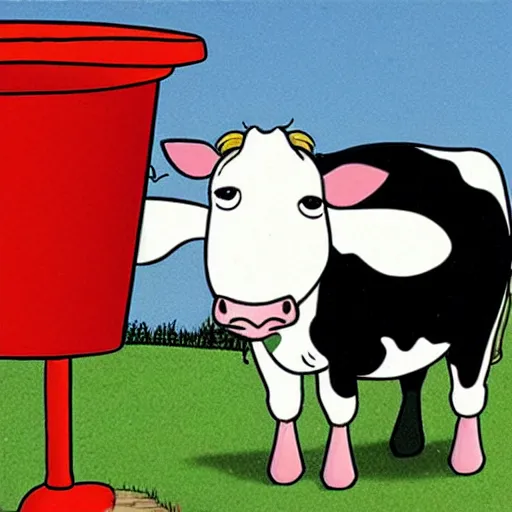Image similar to a cow points at a bucket, far side, illustrated by gary larson