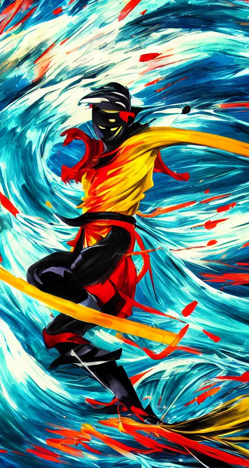 Image similar to colorful beautiful abstract scene, ninja with katana of water wave, full body, water fists of fury, jumping leaping heroic attack, action scene, ultra detailed