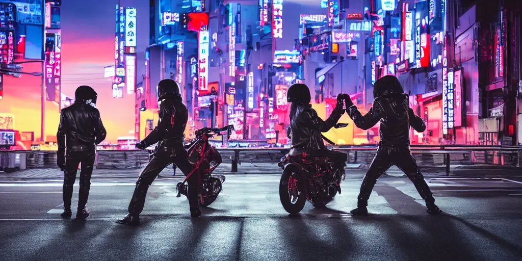 Image similar to Epic Battle Between a Squid Karate God and a Menacing prawn biker in a leather jacket, tokyo skyline, sunset, neon vibe, cyberpunk lighting, cinematic lighting, anamorphic lens, dramatic shadows,