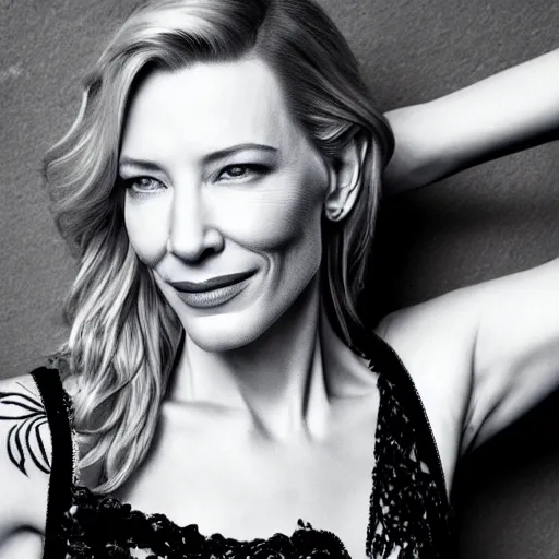 Image similar to high resolution portrait of cate blanchett with full body tattoo , highly detailed, photorealistic, 4k