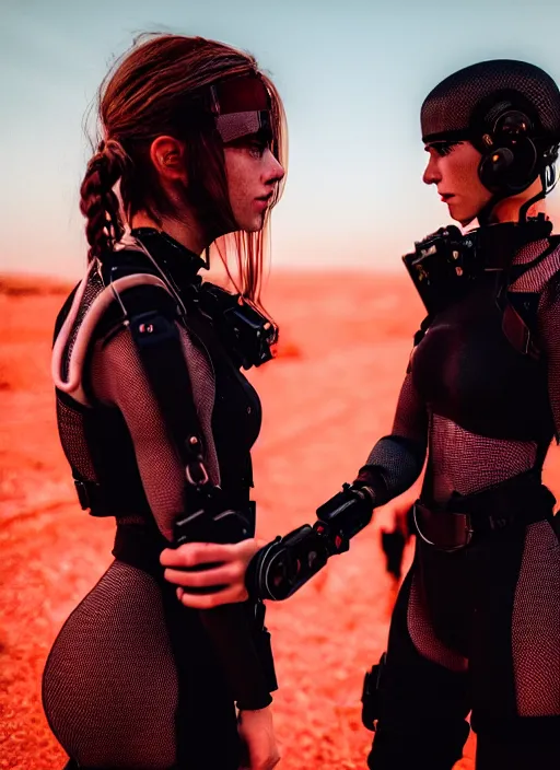 Image similar to cinestill 5 0 d photographic portrait of two loving female androids wearing rugged black mesh techwear on a desolate plain with a red sky, extreme closeup, cyberpunk style, garters, dust storm, 8 k, hd, high resolution, 3 5 mm, f / 3 2, ultra realistic faces, ex machina