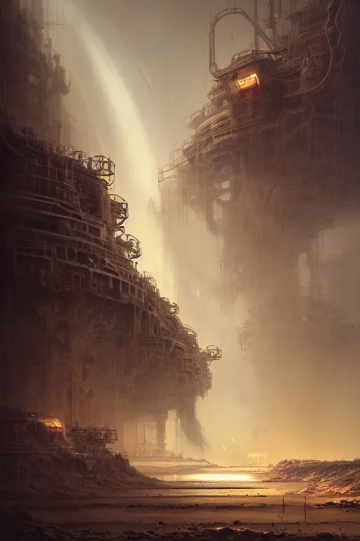 Image similar to factory on mars, yellow dust, high - tech, by wlop, by luis royo, by peter mohrbacher, concept art, digital illustration, intricate, masterpiece, elegant, super detailed, unreal engine rendering, smooth, sharp focus, artstation hq