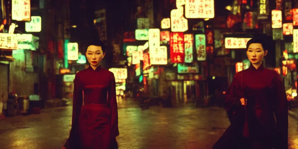 Prompt: style of wong kar - wai and in the mood for love, background blur, a killer back to the camera, nighttime, cinematic, movie scene, high details, vivid