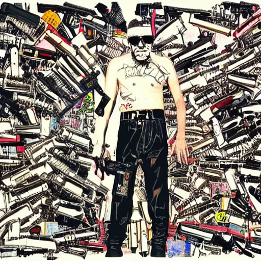 Prompt: Graphic Illustration of a man made out of Guns, Cyberpunk, Portrait, graffiti, by Ralph Steadman, Hunter S Thompson