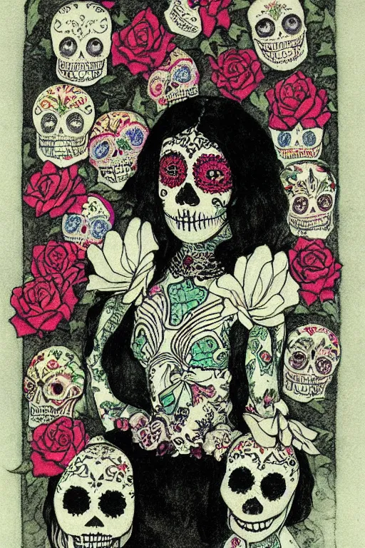 Image similar to Illustration of a sugar skull day of the dead girl, art by edmund dulac