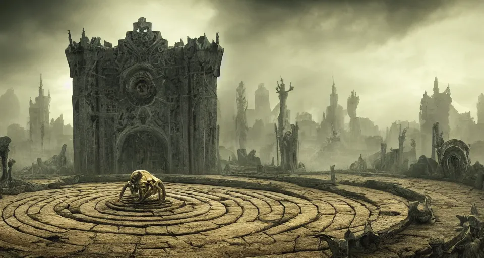 Image similar to circular bone labyrinth made out of gigantic monster bones, art deco medieval style, grimdark vibes, golden skeleton statue in center of labyrinth, abandoned vibes, gloomy moody clouds, god sun rays, complimentary color scheme, G liulian Art style, dynamic lighting, highly detailed, cinematic landscape, octane render, unreal engine