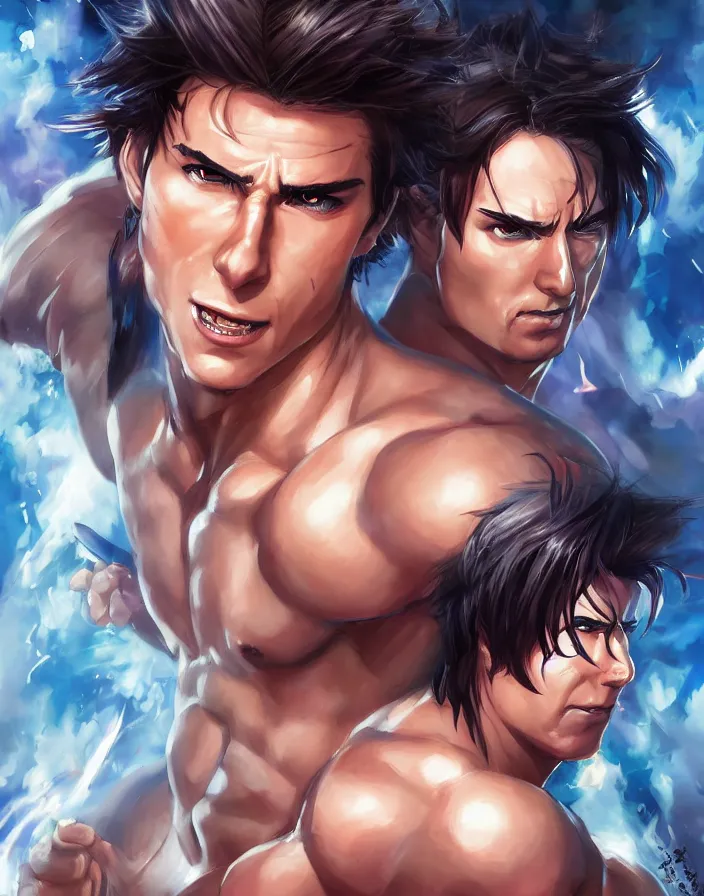 Image similar to anime portrait of tom cruise as a muscular anime boy fighting nicolas cage by Stanley Artgerm Lau, WLOP, Rossdraws, James Jean, Andrei Riabovitchev, Marc Simonetti, and Sakimichan, trending on artstation