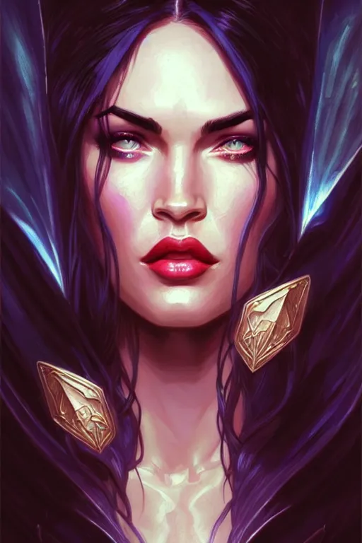 Image similar to portrait of megan fox as liliana vess, magic the gathering, intricate, headshot, highly detailed, digital painting, artstation, concept art, sharp focus, cinematic lighting, illustration, art by artgerm and greg rutkowski, alphonse mucha, cgsociety