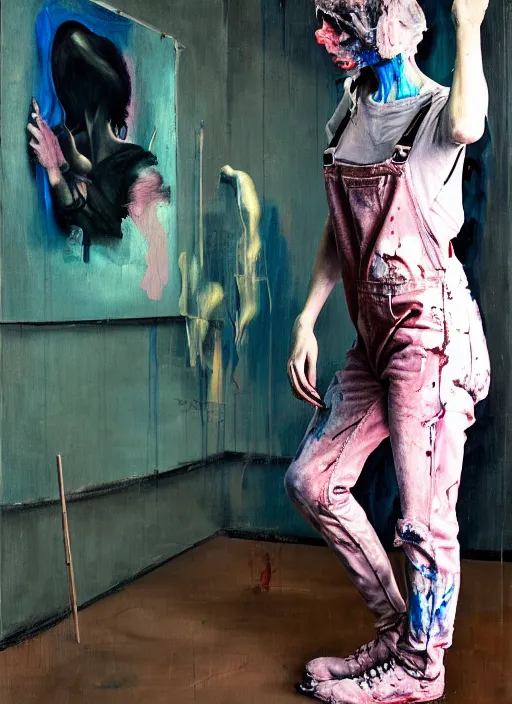 Prompt: an insane, skinny, artist wearing dirty, torn overalls, expressive painting the walls inside a grand messy studio, depth of field, hauntingly surreal, highly detailed oil painting, by francis bacon, edward hopper, adrian ghenie, glenn brown, soft light 4 k in pink, green and blue colour palette, cinematic composition, masterpiece