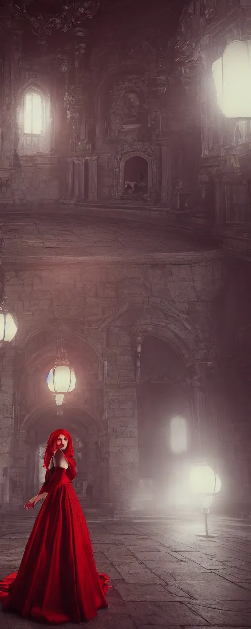 Image similar to woman with red hair and white gown stands in the middle of the castle room emitting a red light. Octane Render, Unreal engine, Realism, Detailed, 8k, V-Ray