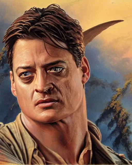 Image similar to brendan fraser in the mummy, airbrush, drew struzan illustration art, key art