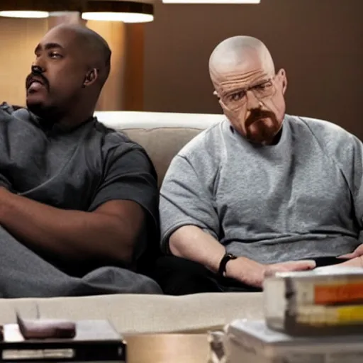 Image similar to a thicc transman with gray sweatpants, and black shirt, sitting with walter white in breaking bad