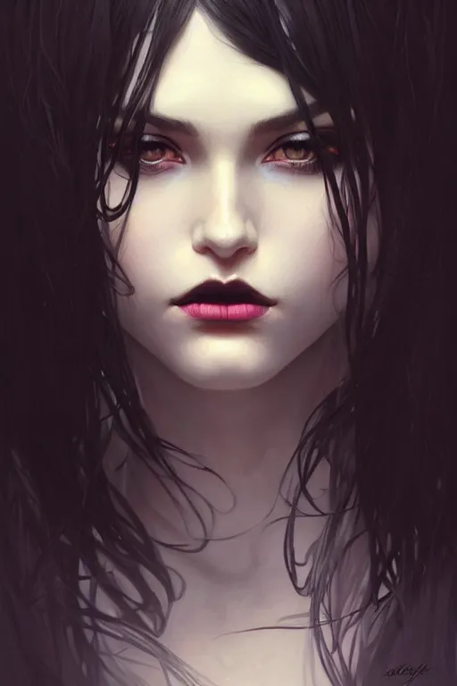 Image similar to a beautiful dark hair girl with black makeup in the eyes, fantasy, portrait, sharp focus, intricate, elegant, digital painting, artstation, matte, highly detailed, concept art, illustration, ambient lighting, dark background art by ilya kuvshinov, artgerm, Alphonse Mucha, and Greg Rutkowski