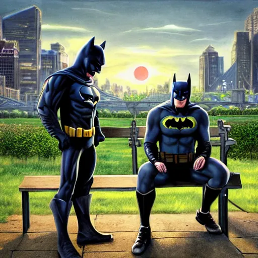 Prompt: Highly detailed painting of Batman and highly detailed Sonic on a bench in the park, portrait, sonic, batman, green grass, sunset, fantasy, hyperrealistic, highly detailed, by Greg Rutkowski and Max Bedulenko, unreal engine