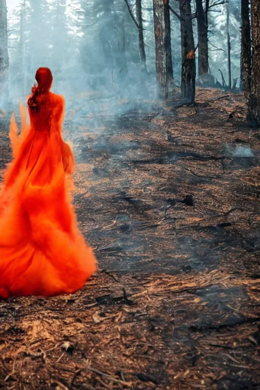 Image similar to the queen of fire wearing an orange and red beautiful dress walking on a burning forest, beautiful angle, aesthetic