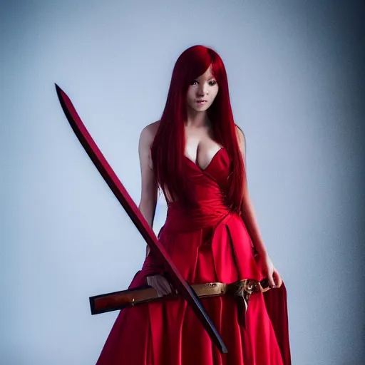 Image similar to dslr photo of beautiful erza scarlet wearing a elegant dress, with real looking skin, standing holding a katana that is very detailed, portrait photo, real photo, real camera, extreme detailed face and body, high quality, moody lighting, fast paced lines, sharp quality, enchanting lighting, 8 k